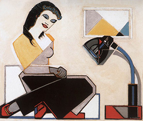 Jonge vrouw met geometrische beeld en Bauhaus lamp (Vismos Huszar)