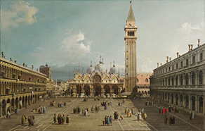 Piazza San Marco met de basiliek in Venetië (Canaletto, 1730)